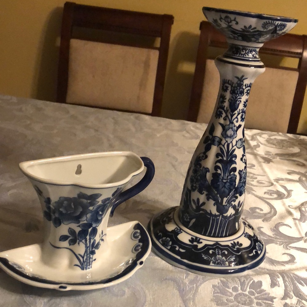 Home decor Blue & White Candle Holder/vase lot of2